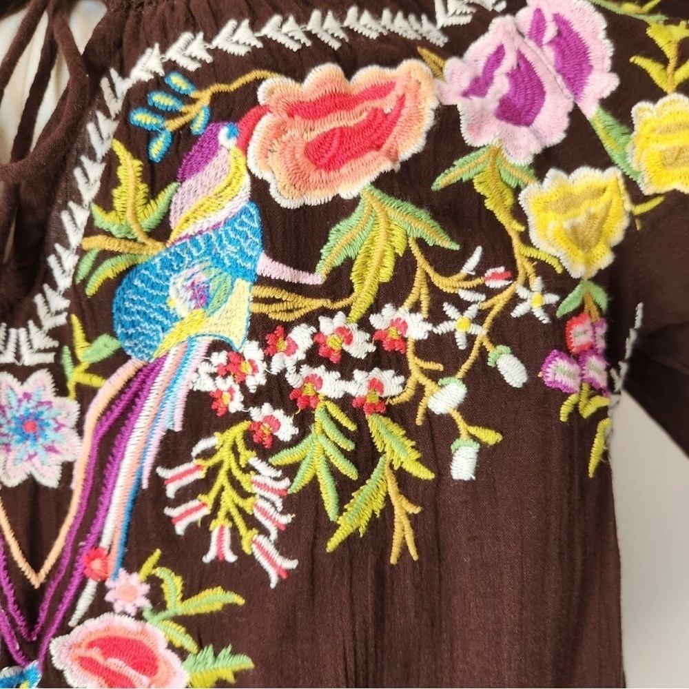 Sundance Amora Blooms Bird Floral Embroidered Boho Top Cotton Brown Small Petite - Picture 5 of 7